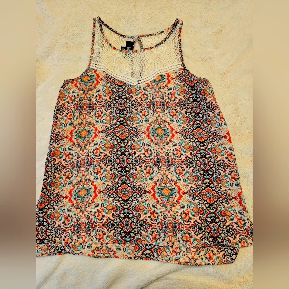 IZ Byer Junior's Sleeveless Blouse in Bright Colors With Lace Top - Size Medium